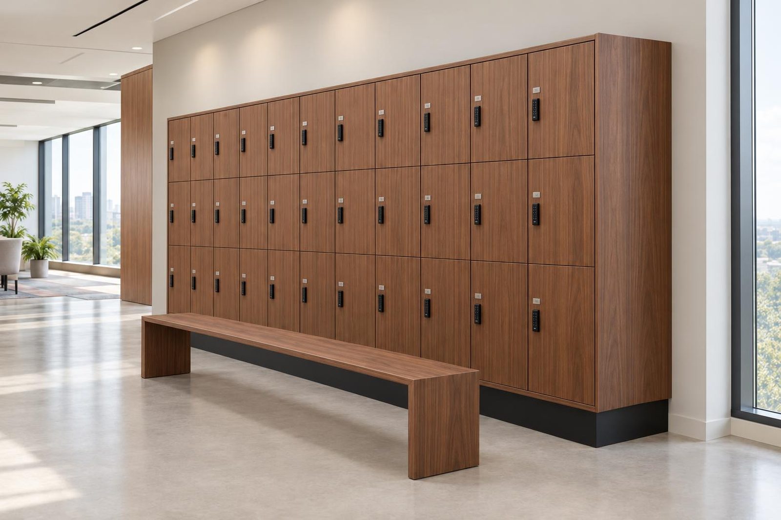 Walnut wood locker bank with keypad locks and a matching bench in a bright office.